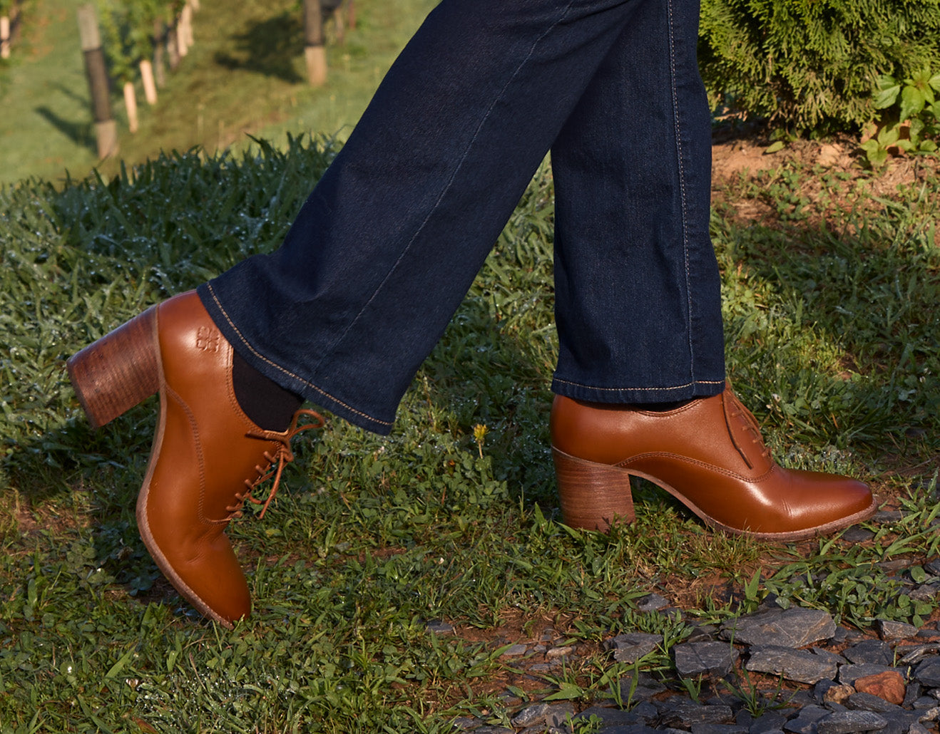 Model wearing Patricia Nash oxford high heels, vintage leather footwear showcased in lifestyle setting