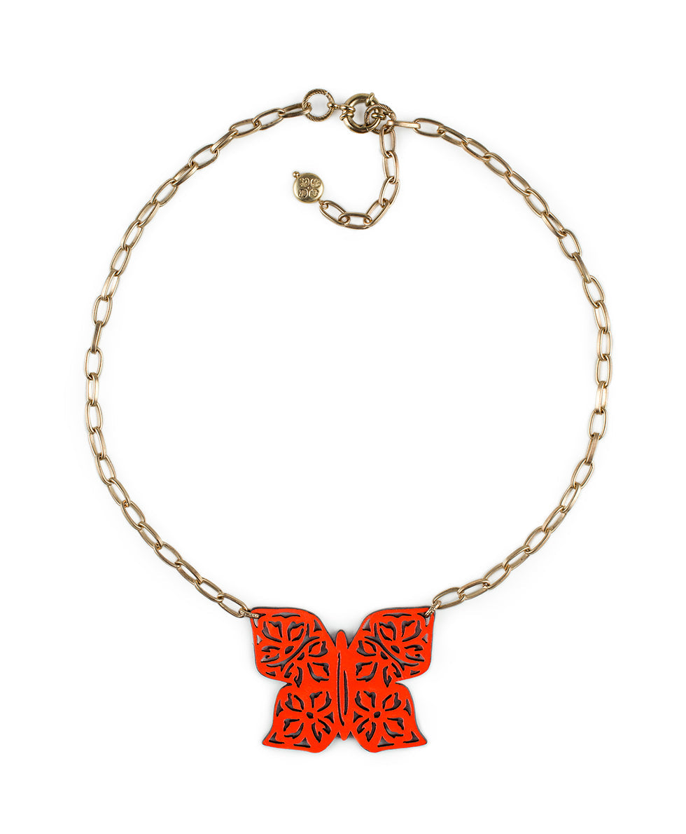 Maniola Butterfly Pendant Necklace - Leather Lace - distressed coral / antique gold - by Patricia Nash - View 2 of 3