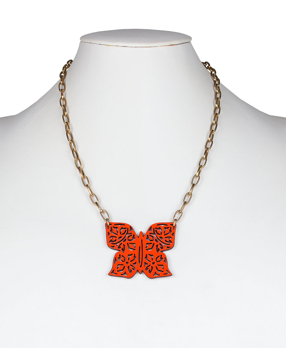 Maniola Butterfly Pendant Necklace - Leather Lace - distressed coral / antique gold - by Patricia Nash - View 3 of 3