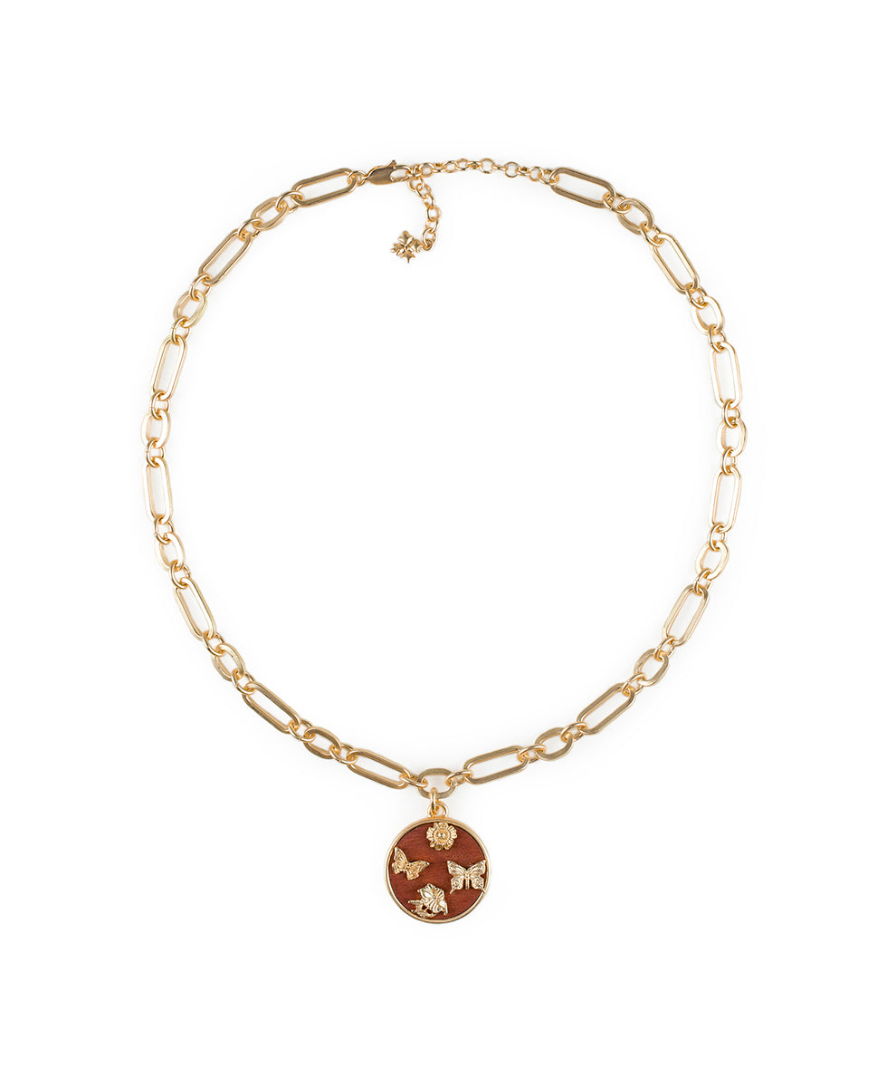 Round Butterfly Pendant Necklace - Wood Butterflies - matte gold - by Patricia Nash - View 1 of 2
