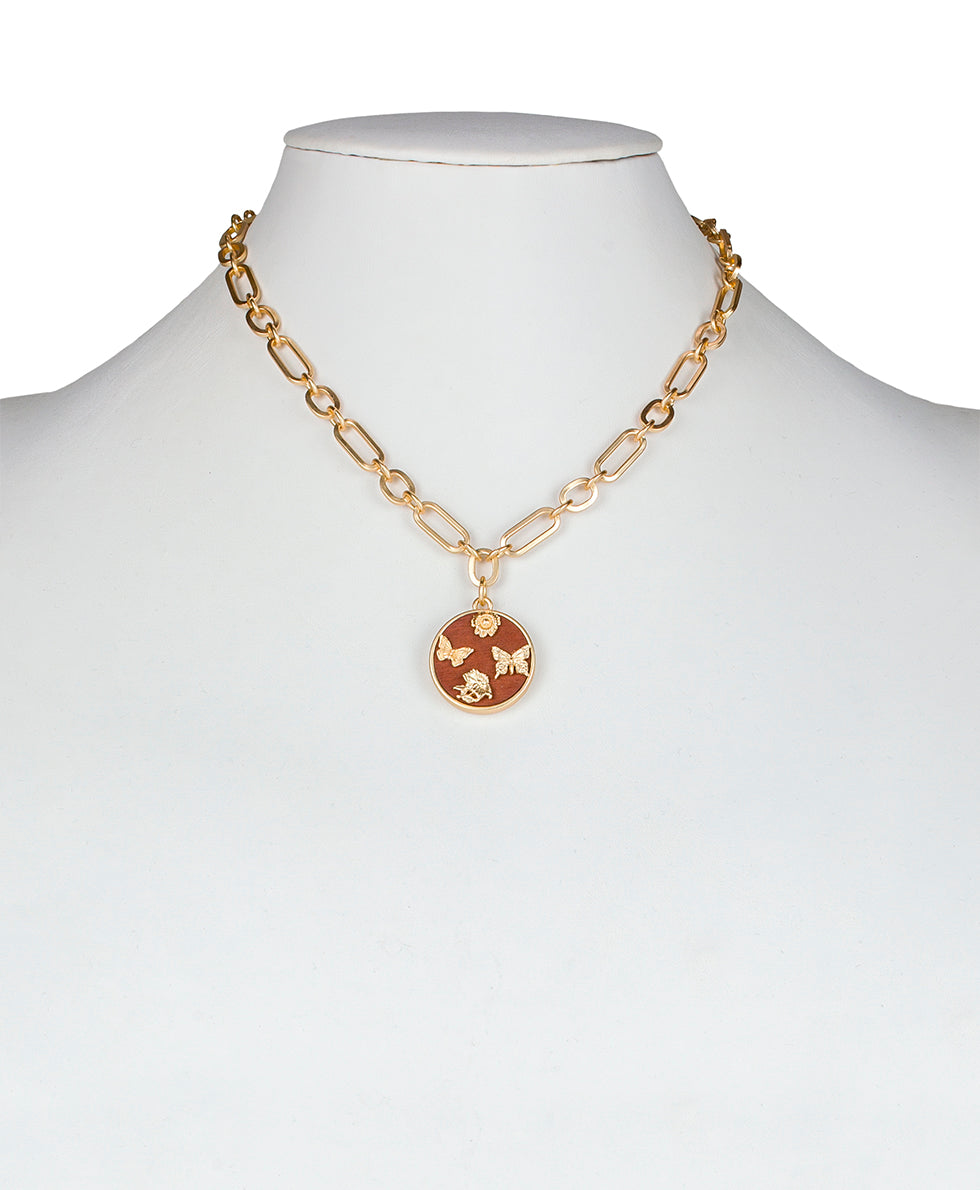 Round Butterfly Pendant Necklace - Wood Butterflies - matte gold - by Patricia Nash - View 2 of 2