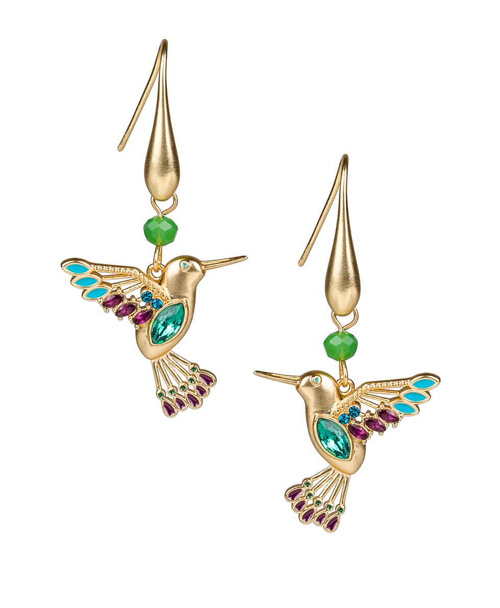 Female - Multi Jeweled Hummingbird Drop Earrings - Hummingbird - matte gold - by Patricia Nash - View 1 of 2