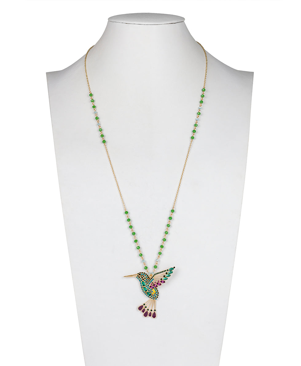 Female - Multi Jeweled Hummingbird Pendant Necklace - Hummingbird - matte gold - by Patricia Nash - View 3 of 3
