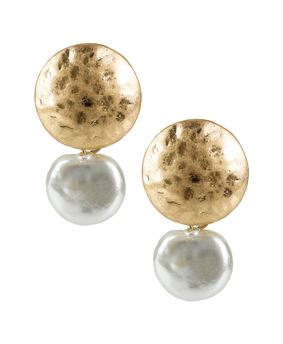 Hammered Disc Pearl Drop Earrings - Not So Basics - worn gold - by Patricia Nash - View 1 of 2