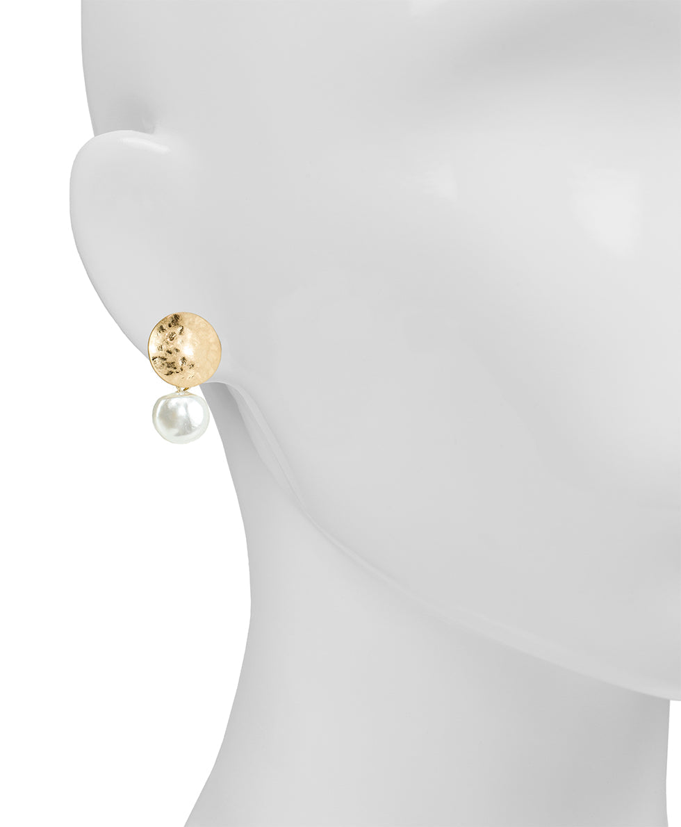 Hammered Disc Pearl Drop Earrings - Not So Basics - worn gold - by Patricia Nash - View 2 of 2