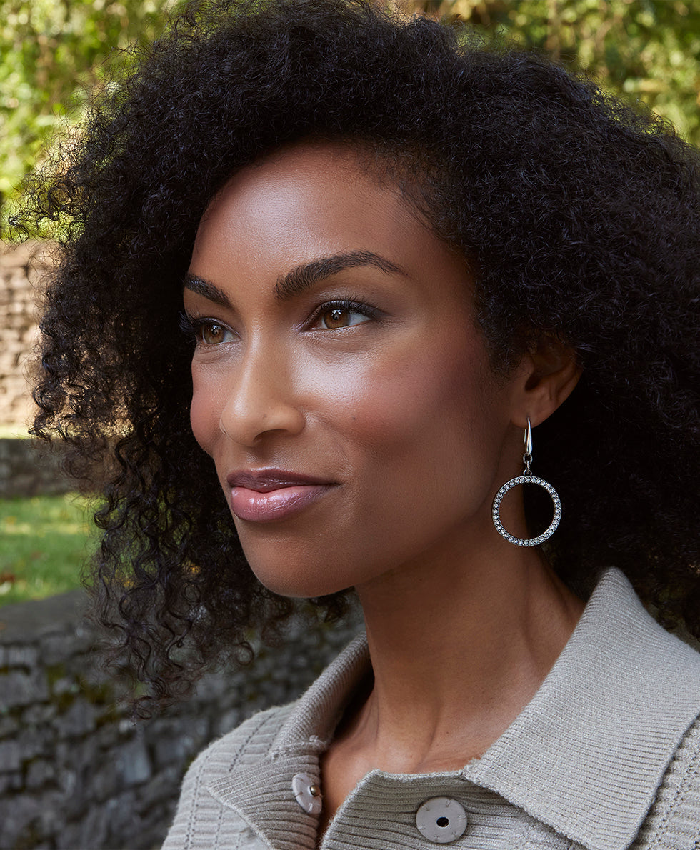 Pave Circle Drop Earrings - Not So Basics - silver ox - by Patricia Nash - View 3 of 9