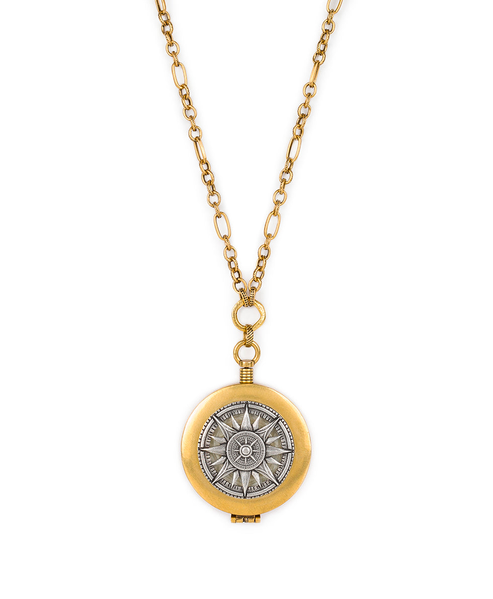 Female - Compass Necklace - Compass Compact - antique gold / silver ox - by Patricia Nash - View 1 of 4
