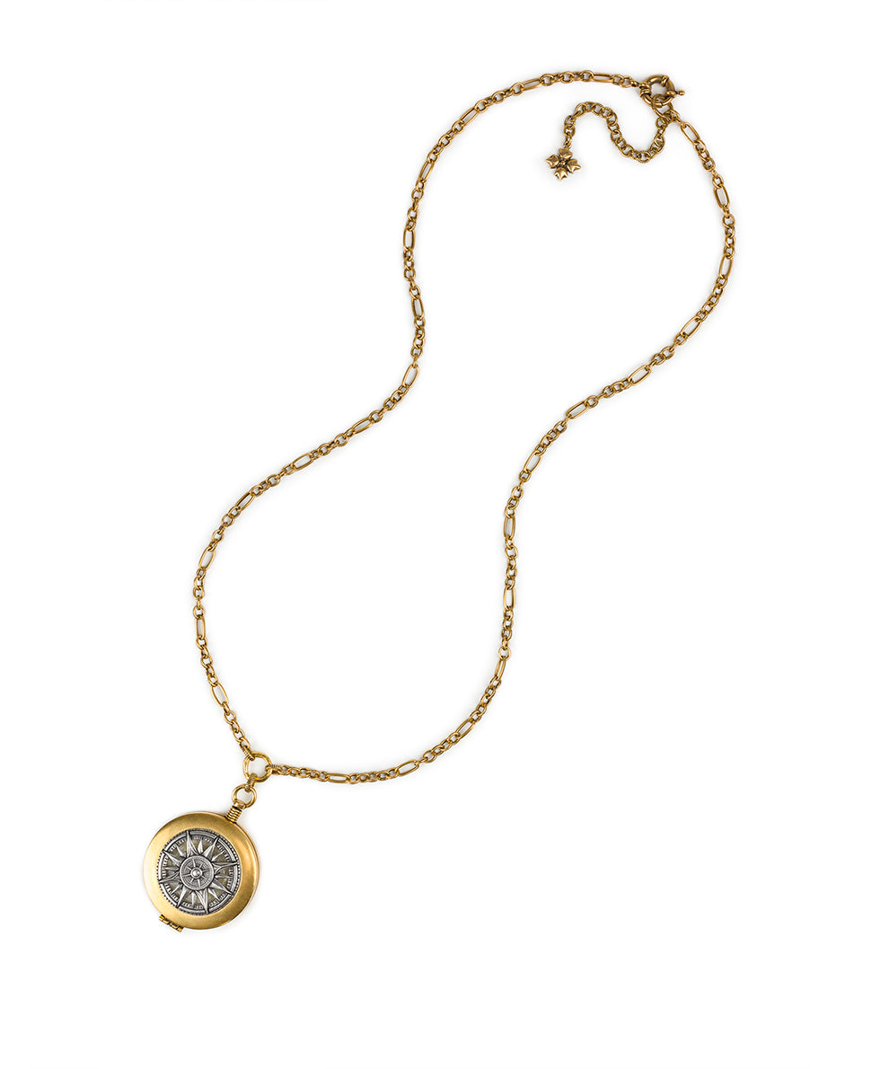 Female - Compass Necklace - Compass Compact - antique gold / silver ox - by Patricia Nash - View 2 of 4