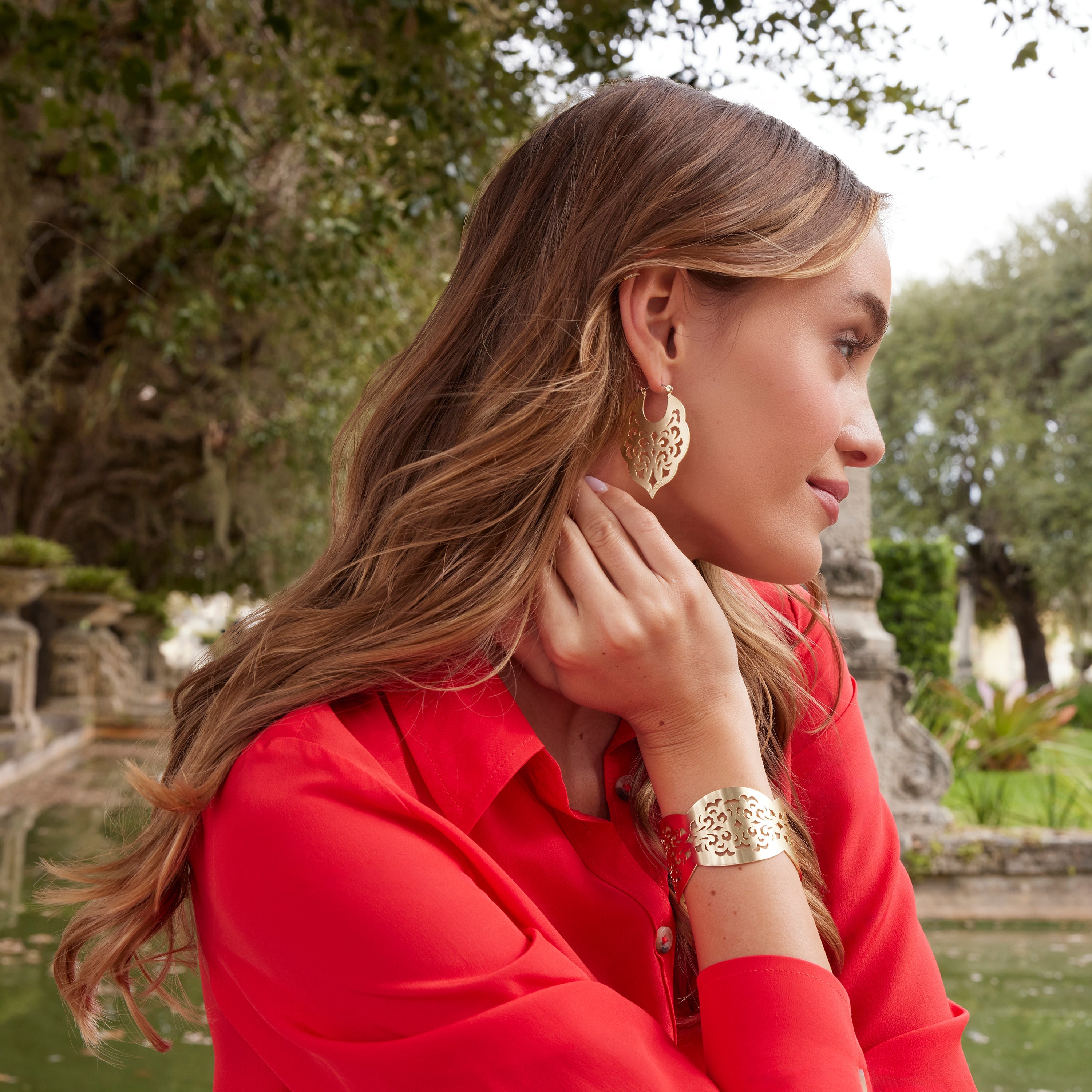 Gypsy Hoop Earrings  - Renaissance Laser Cut - matte gold - by Patricia Nash - View 3 of 8