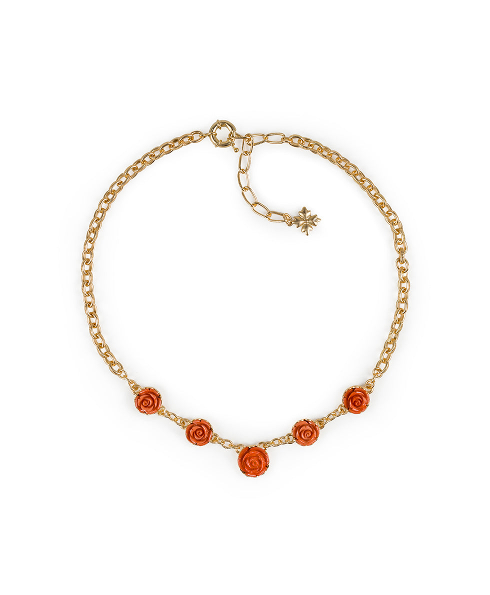 Carved Rose Link Necklace - Filigree and Flowers - egyptian gold - by Patricia Nash - View 1 of 2