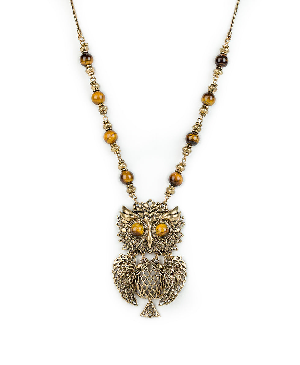 Female - Articulated Owl Necklace - Night Owl - antique gold - by Patricia Nash - View 1 of 5