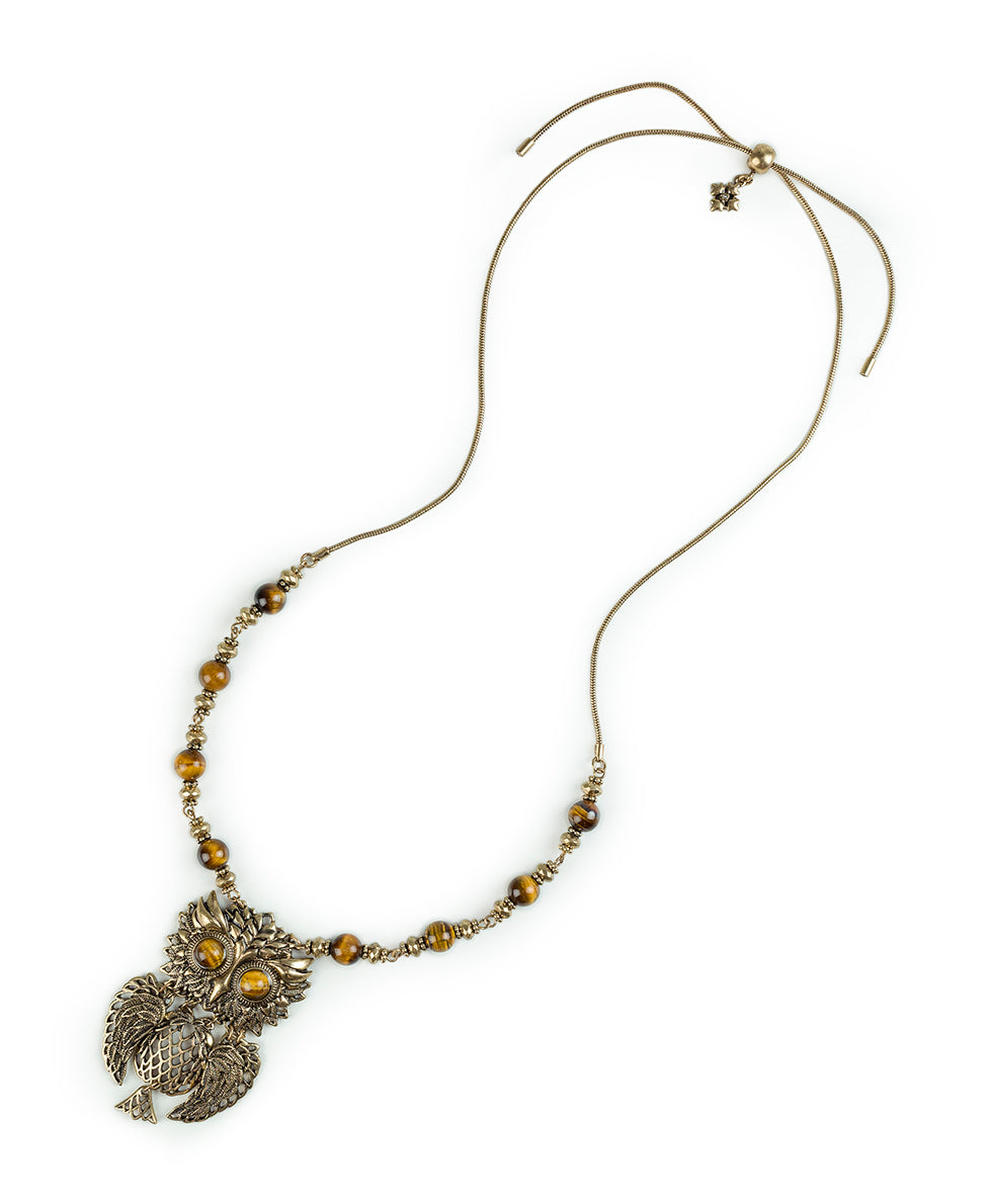 Female - Articulated Owl Necklace - Night Owl - antique gold - by Patricia Nash - View 2 of 5