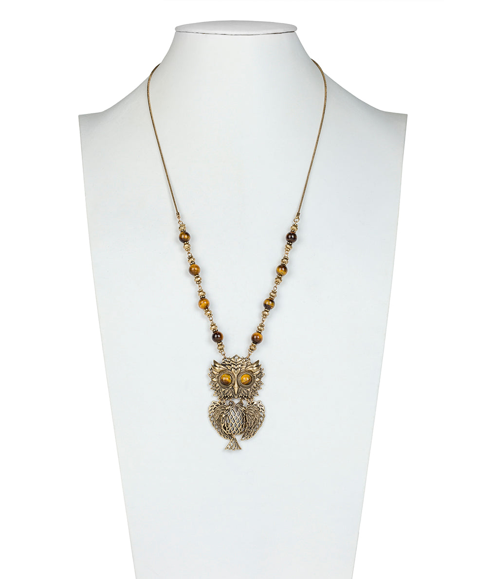 Female - Articulated Owl Necklace - Night Owl - antique gold - by Patricia Nash - View 3 of 5