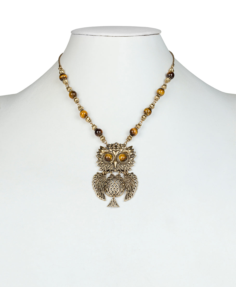 Female - Articulated Owl Necklace - Night Owl - antique gold - by Patricia Nash - View 4 of 5