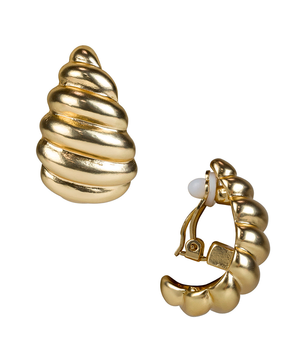 Female - Scalloped J Hoop Clip Earrings - Rope Ring - matte gold - by Patricia Nash - View 1 of 2
