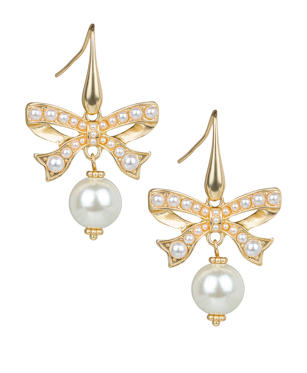 Female - Bow Pearl Drop Earrings - Gift Wrapped - matte gold - by Patricia Nash - View 1 of 2