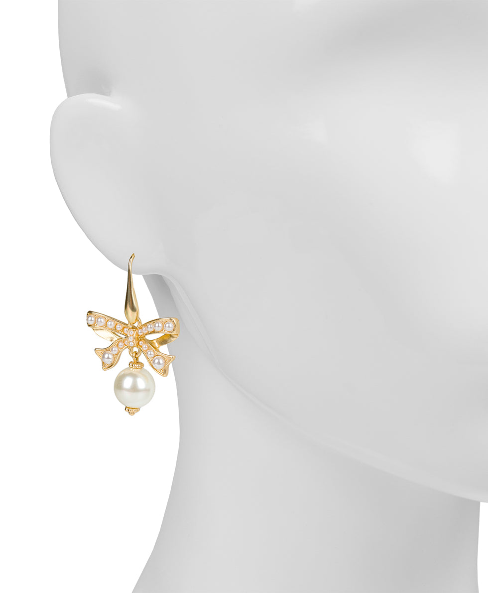 Female - Bow Pearl Drop Earrings - Gift Wrapped - matte gold - by Patricia Nash - View 2 of 2