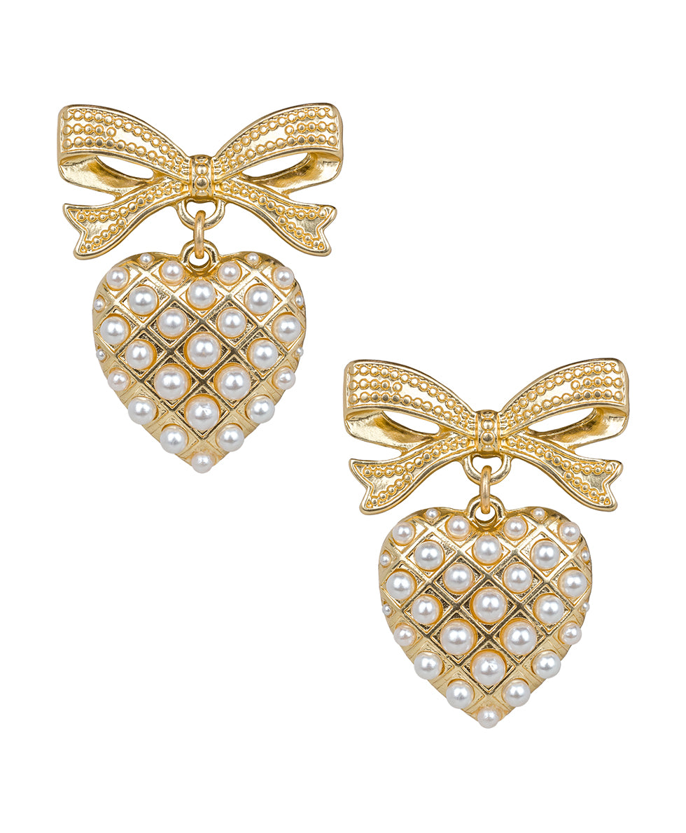 Female - Bow Post Heart Drop Earrings  - Gift Wrapped - matte gold - by Patricia Nash - View 1 of 2