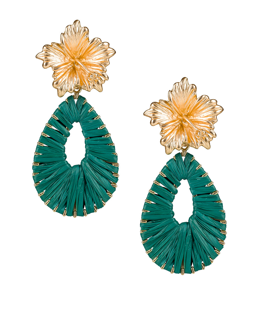 Female - Hibiscus Tear Drop Earrings - Raffia Flower - aqua green / matte gold - by Patricia Nash - View 1 of 2