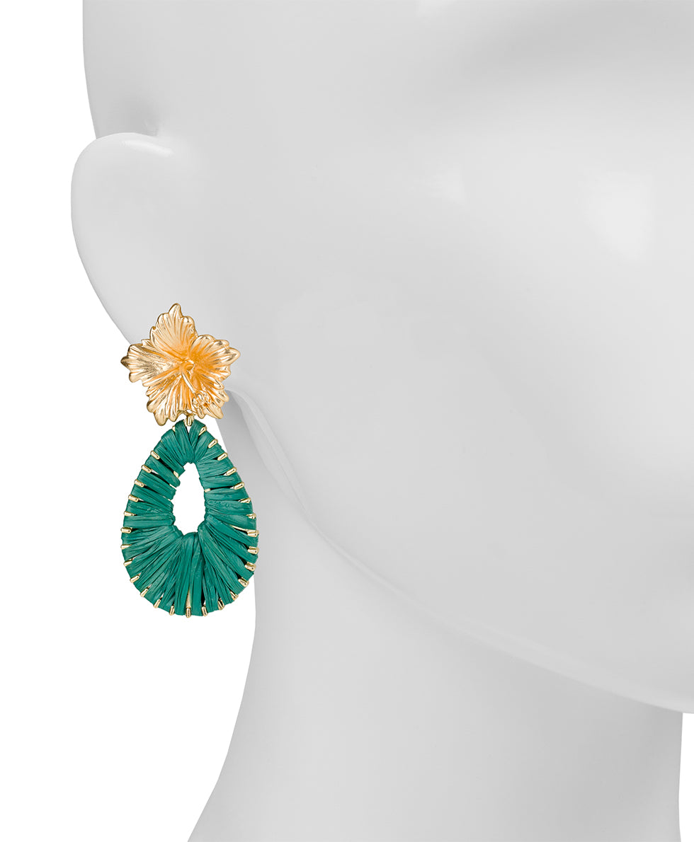 Female - Hibiscus Tear Drop Earrings - Raffia Flower - aqua green / matte gold - by Patricia Nash - View 2 of 2