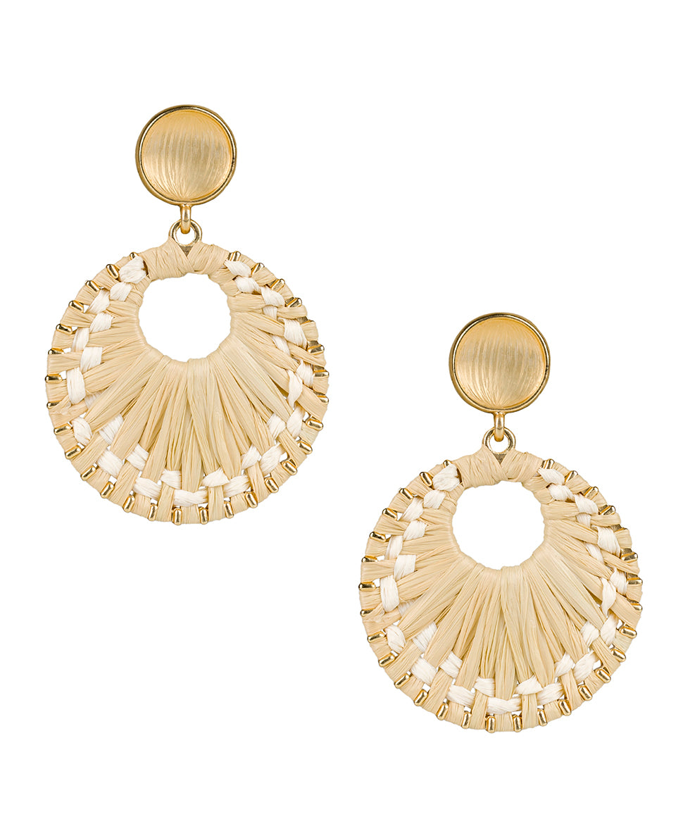 Female - Resin Post Earrings with Wrapped Ring - Raffia Wrapped - chalk white / natural - by Patricia Nash - View 1 of 2
