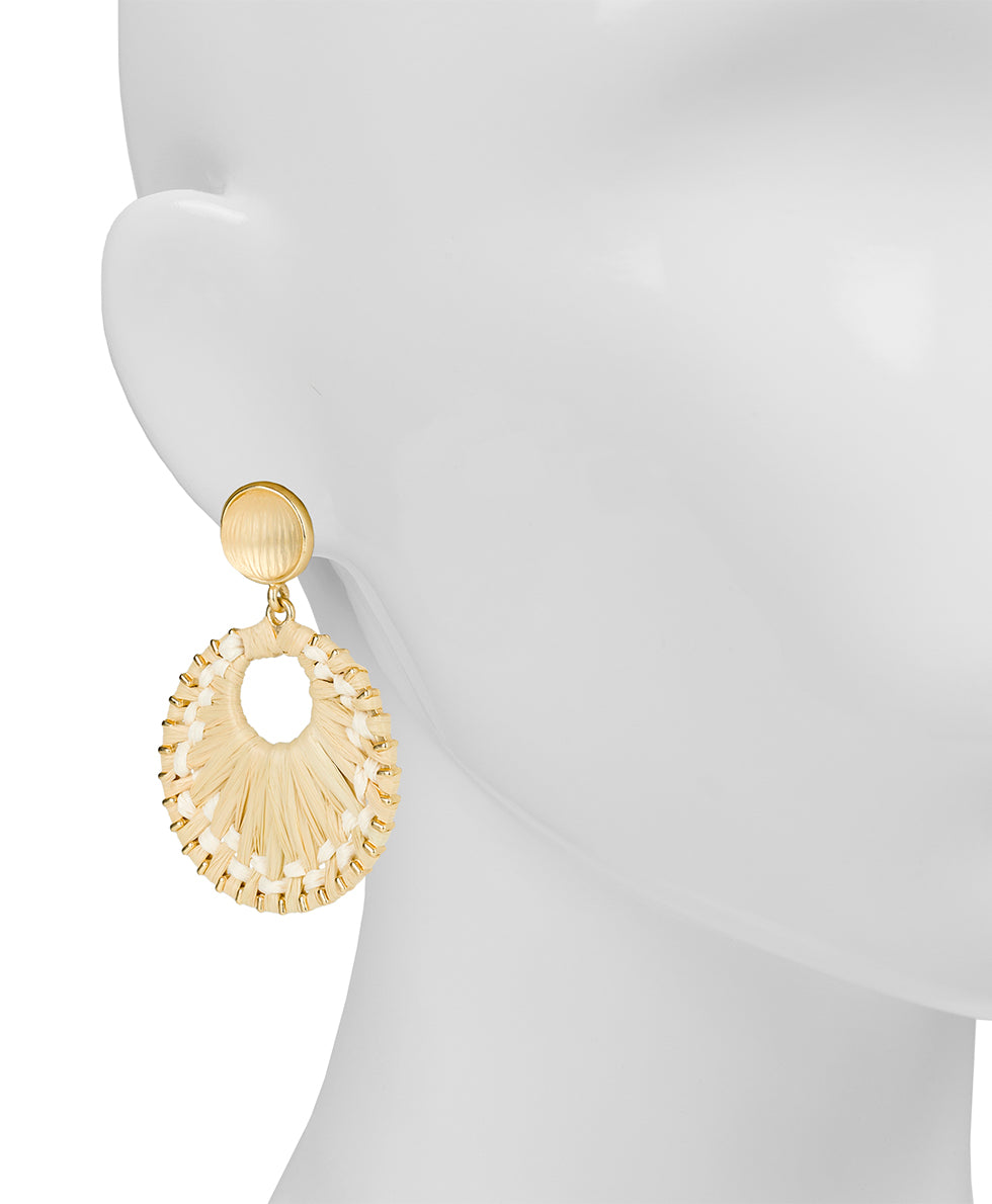 Female - Resin Post Earrings with Wrapped Ring - Raffia Wrapped - chalk white / natural - by Patricia Nash - View 2 of 2