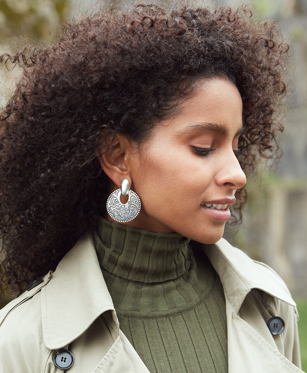 Doorknocker Earrings - Etched Tooled - silver ox - by Patricia Nash - View 5 of 5
