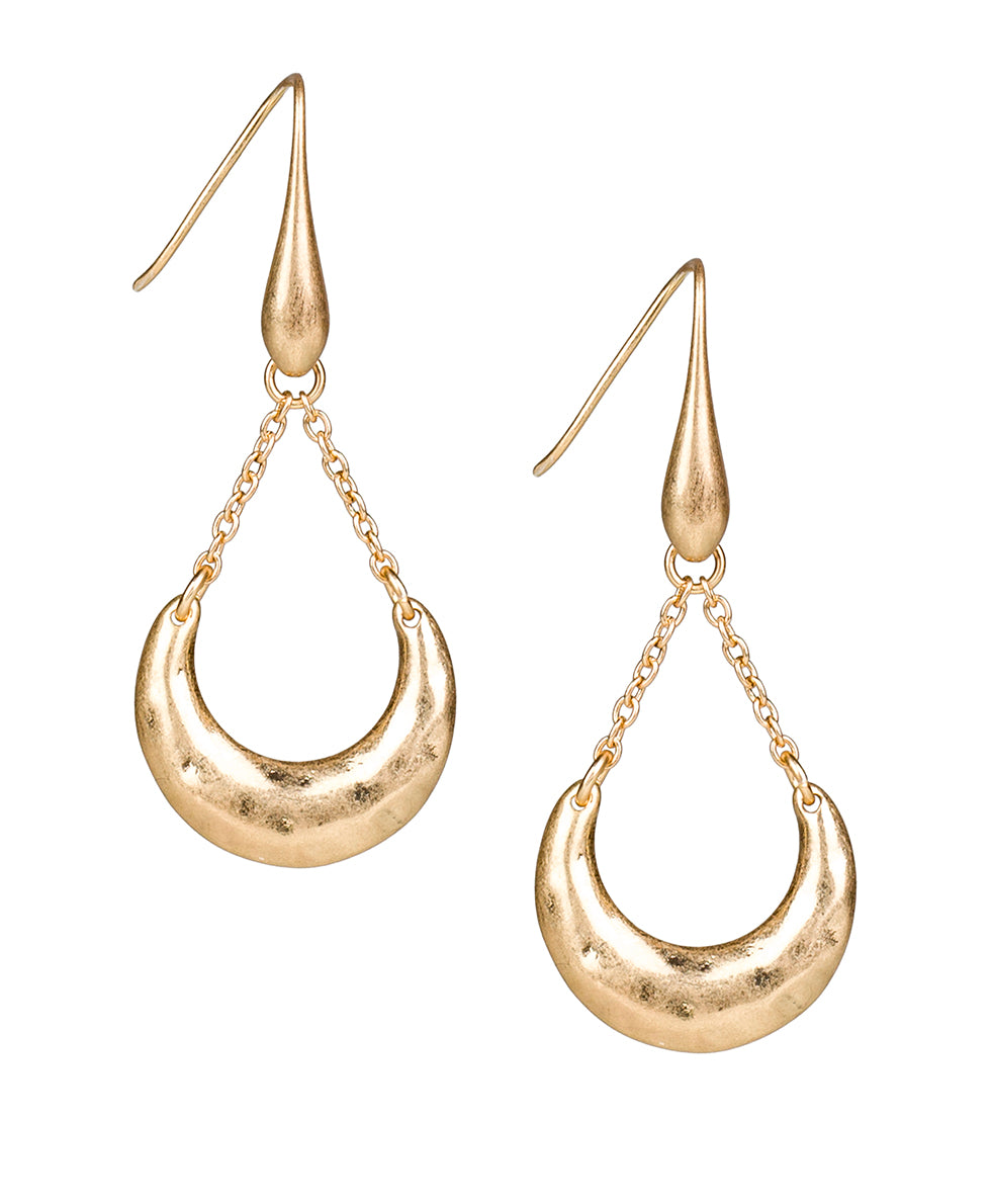 Female - Crescent on Chain Earrings - Hammered - worn gold - by Patricia Nash - View 1 of 7