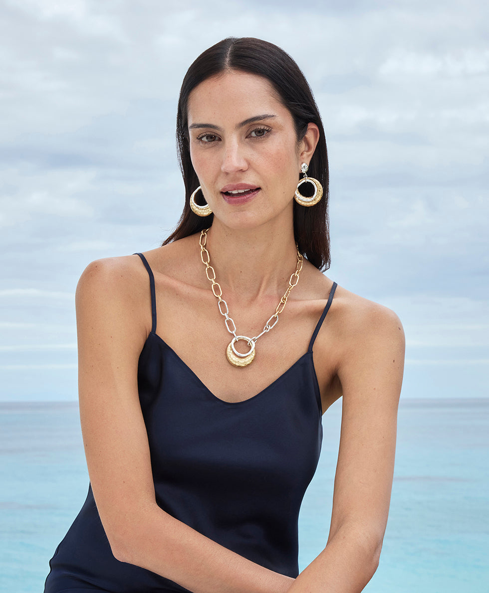 Female - Double Circle Necklace - Hammered - worn gold / silver ox - by Patricia Nash - View 2 of 7