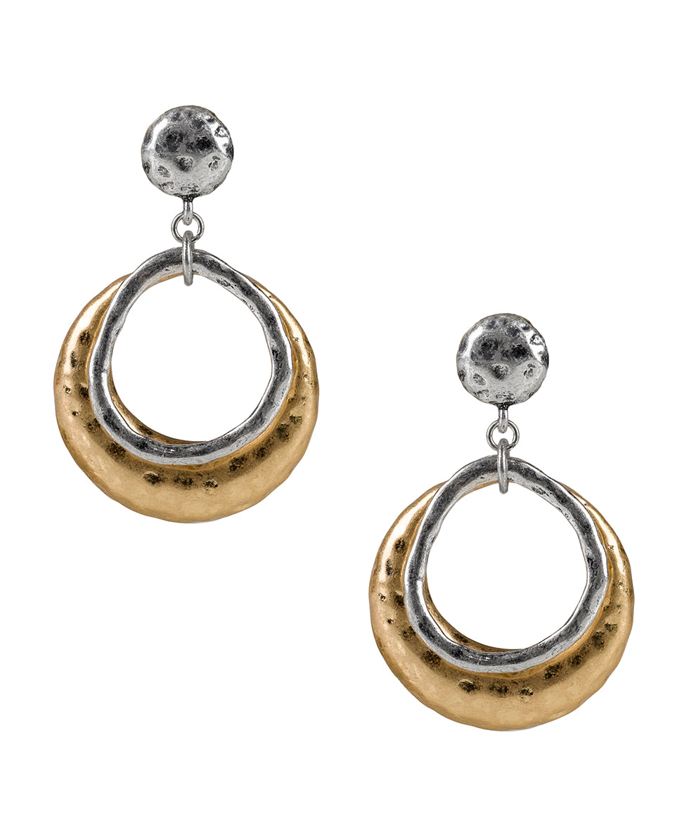 Female - Doorknocker Earrings - Hammered - worn gold / silver ox - by Patricia Nash - View 1 of 7
