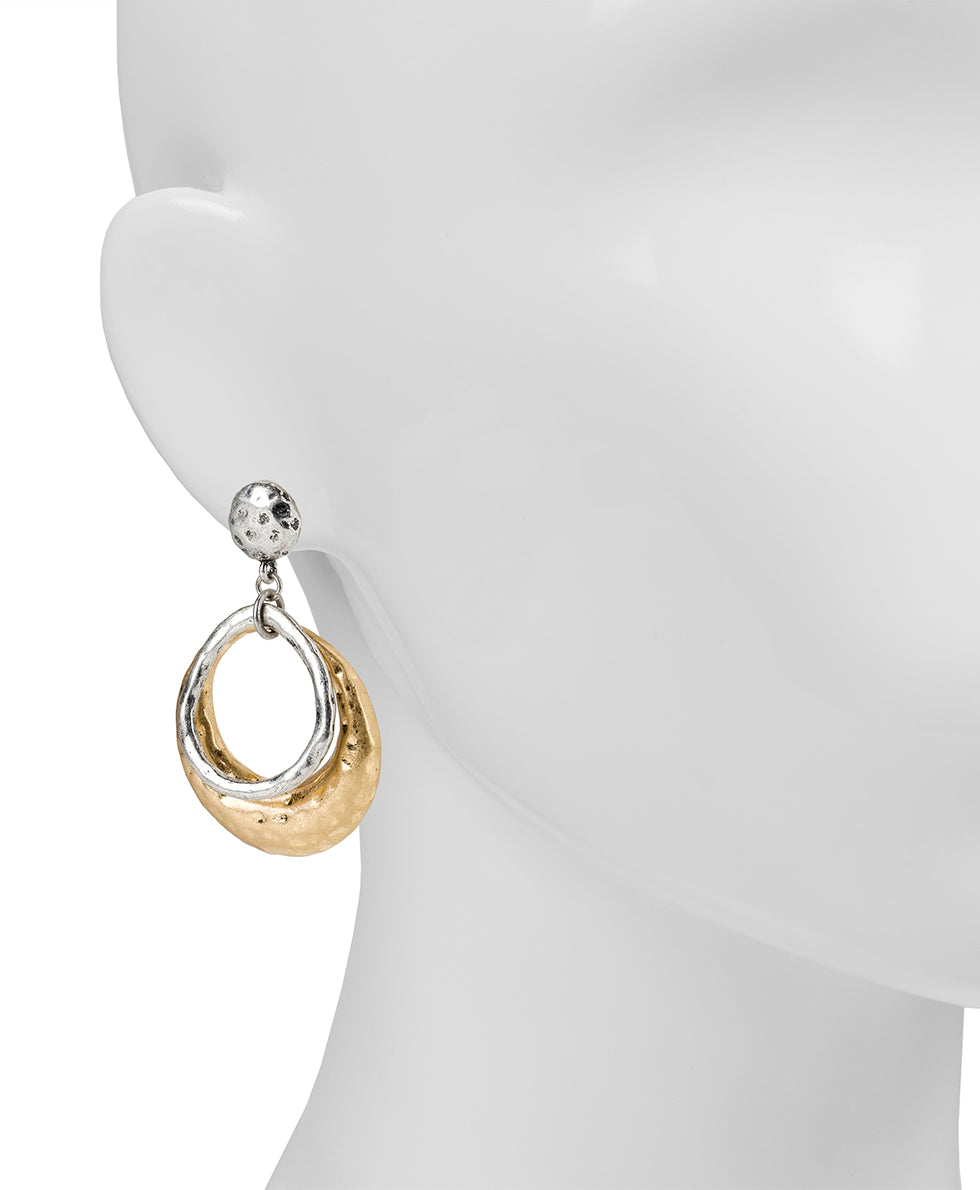 Female - Doorknocker Earrings - Hammered - worn gold / silver ox - by Patricia Nash - View 2 of 7