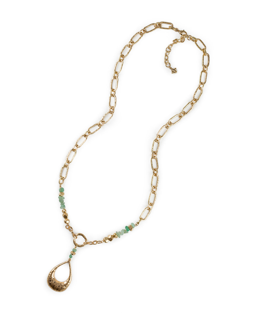 Female - Large Tear Drop Pendant Necklace - Hammered - worn gold - by Patricia Nash - View 2 of 8