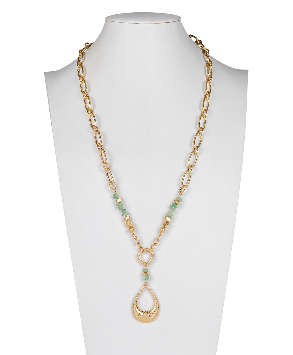 Female - Large Tear Drop Pendant Necklace - Hammered - worn gold - by Patricia Nash - View 3 of 8