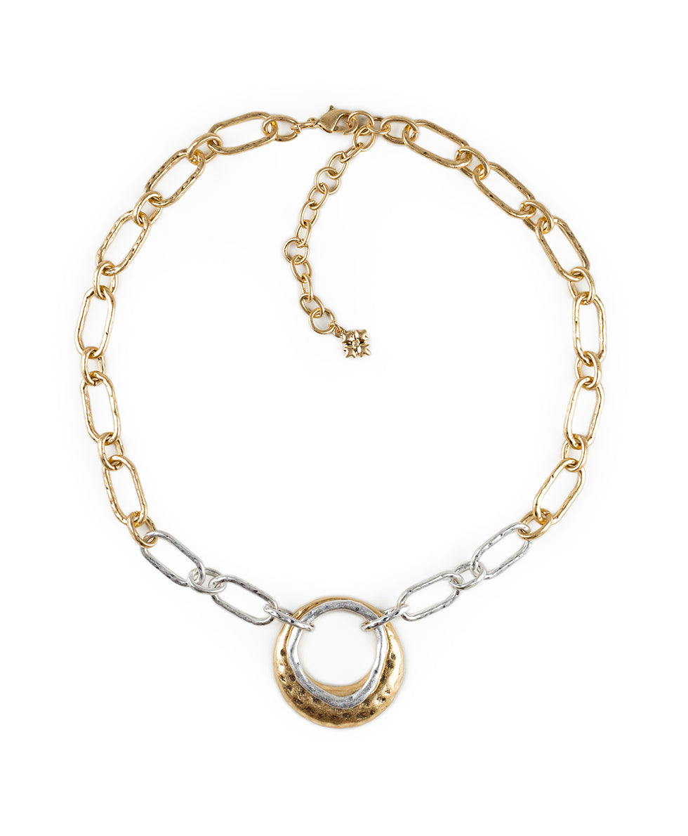 Female - Double Circle Necklace - Hammered - worn gold / silver ox - by Patricia Nash - View 1 of 7