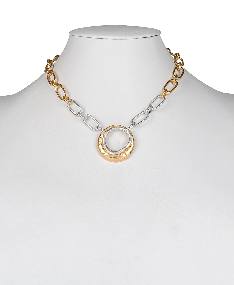Female - Double Circle Necklace - Hammered - worn gold / silver ox - by Patricia Nash - View 3 of 7