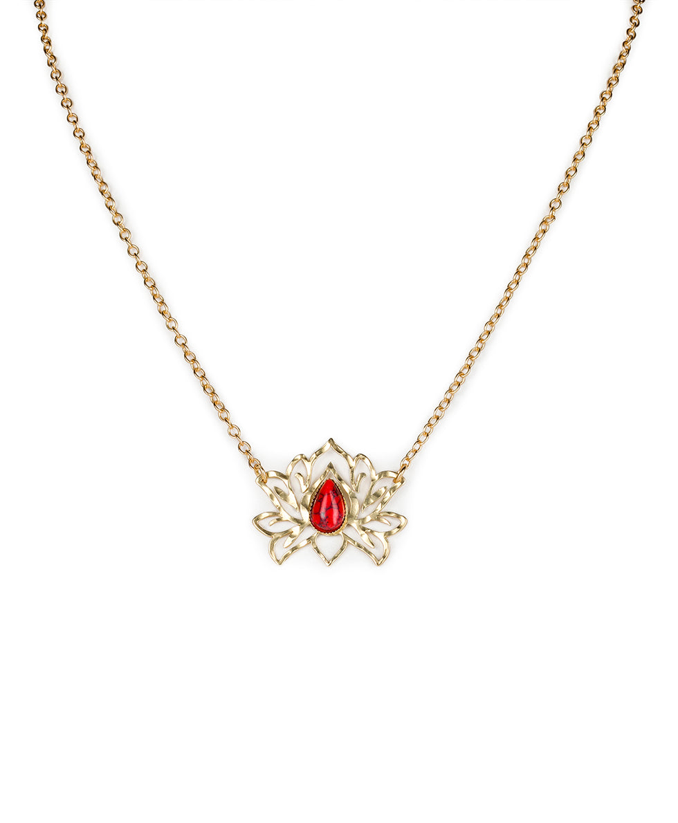 Female - Open Lotus Short Necklace - Lotus Flower - pink magnesite / matte gold - by Patricia Nash - View 1 of 3