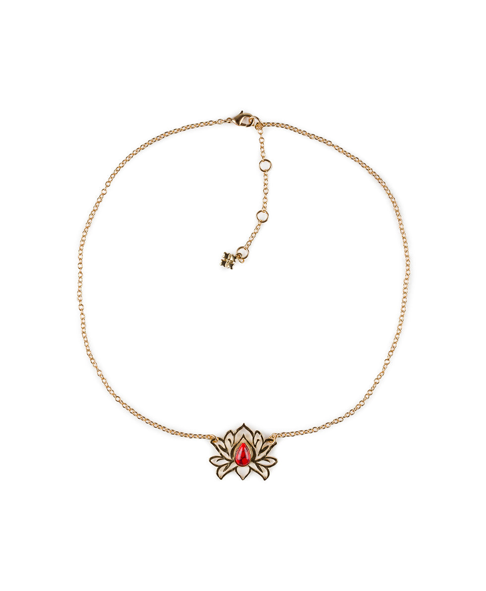 Female - Open Lotus Short Necklace - Lotus Flower - pink magnesite / matte gold - by Patricia Nash - View 2 of 3