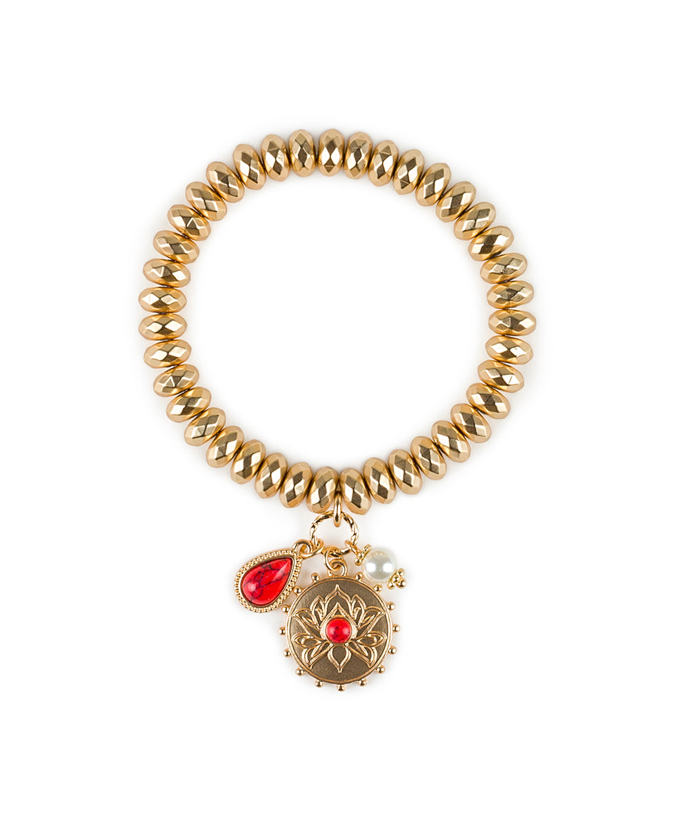 Female - Etched Lotus Stretch Bracelet - Lotus Flower - pink magnesite / matte gold - by Patricia Nash - View 1 of 2