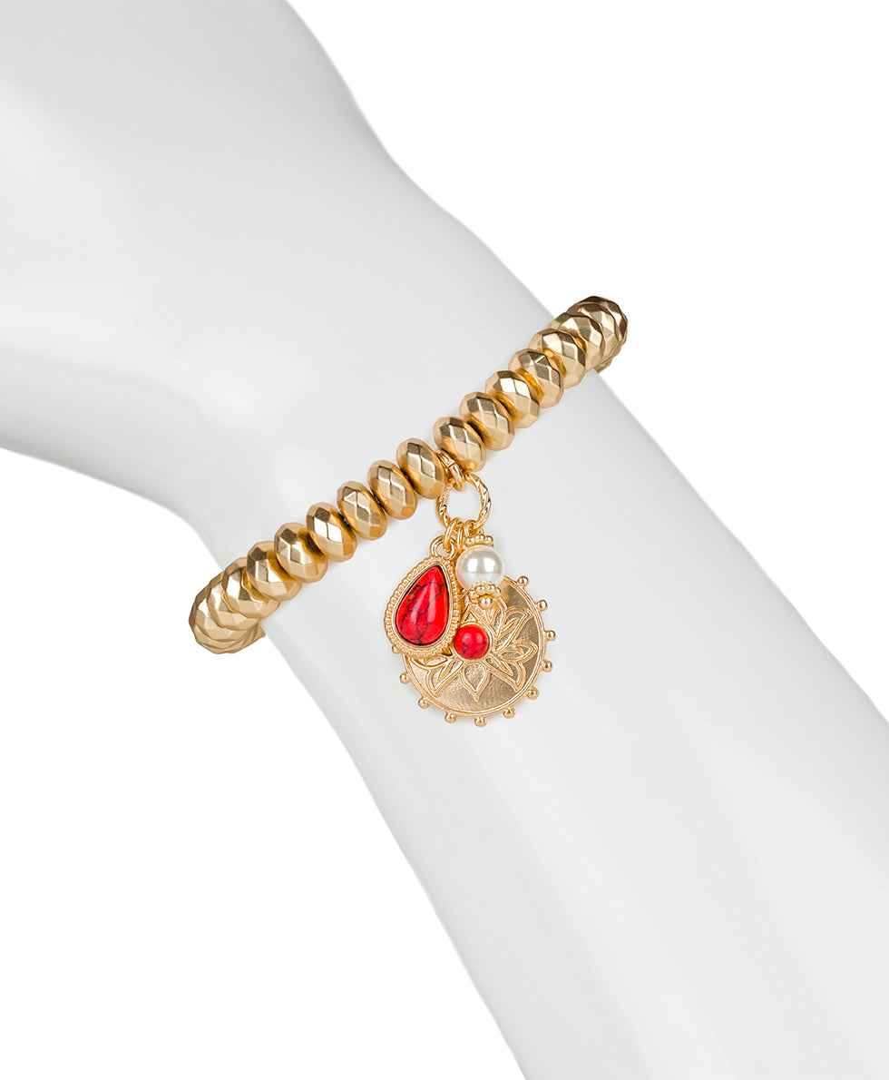 Female - Etched Lotus Stretch Bracelet - Lotus Flower - pink magnesite / matte gold - by Patricia Nash - View 2 of 2
