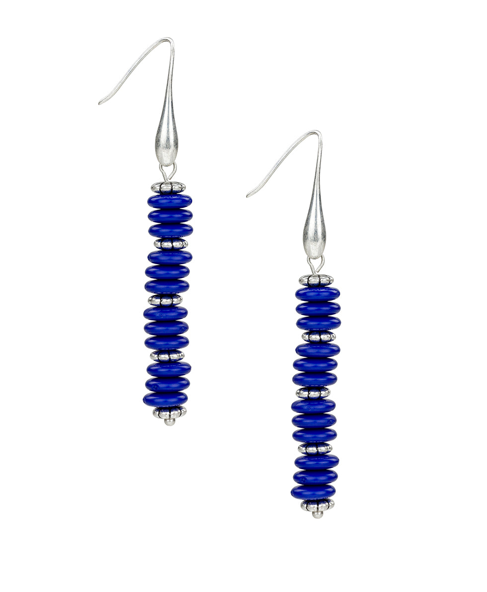 Female - Blue and Silver Beaded Stem Earrings - Ceramic Bead - silver ox - by Patricia Nash - View 1 of 2
