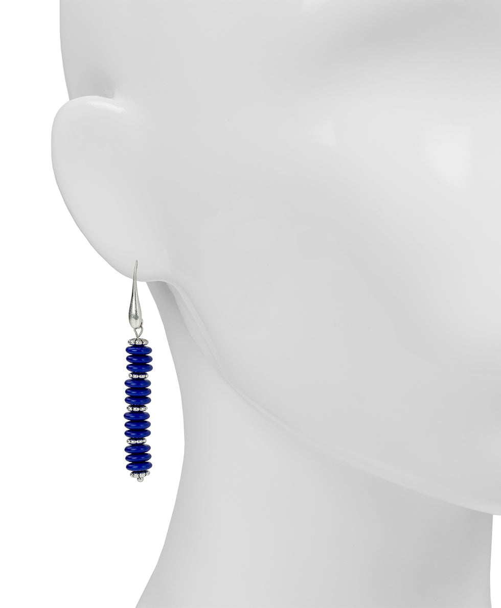 Female - Blue and Silver Beaded Stem Earrings - Ceramic Bead - silver ox - by Patricia Nash - View 2 of 2