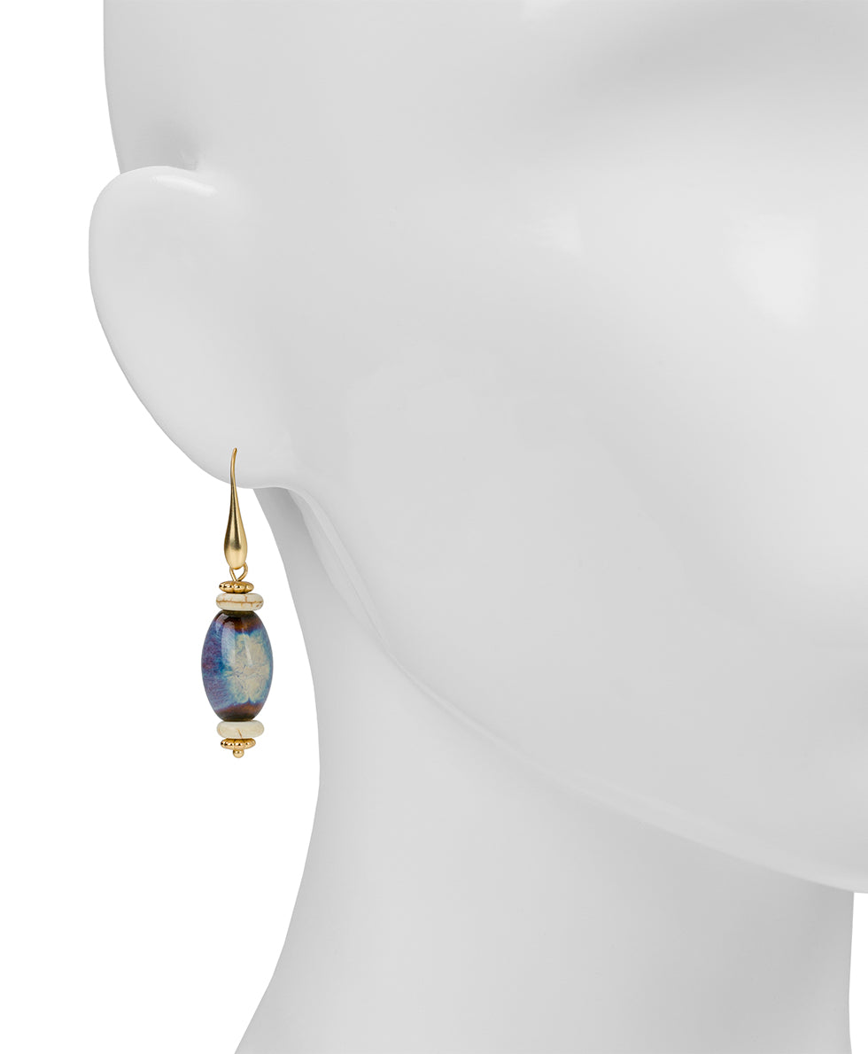 Female - Teal Bead Drop Earrings - Ceramic Bead - matte gold - by Patricia Nash - View 2 of 3