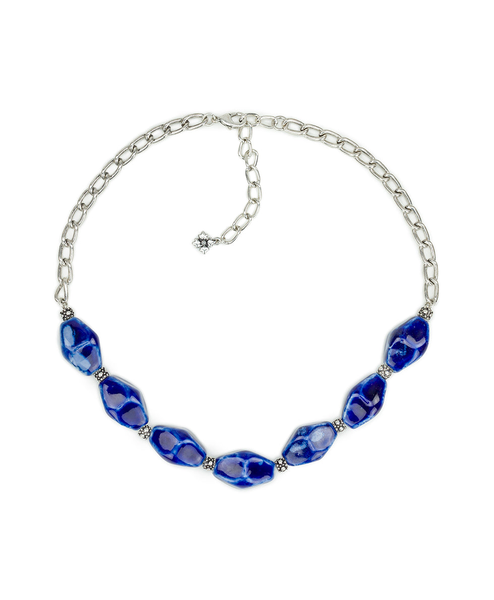 Female - Short Blue Bead Necklace - Ceramic Bead - silver ox - by Patricia Nash - View 1 of 2