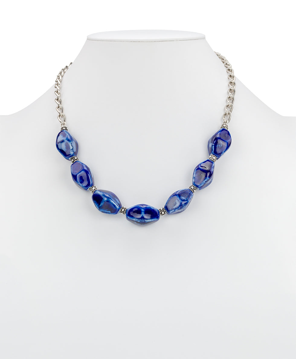 Female - Short Blue Bead Necklace - Ceramic Bead - silver ox - by Patricia Nash - View 2 of 2