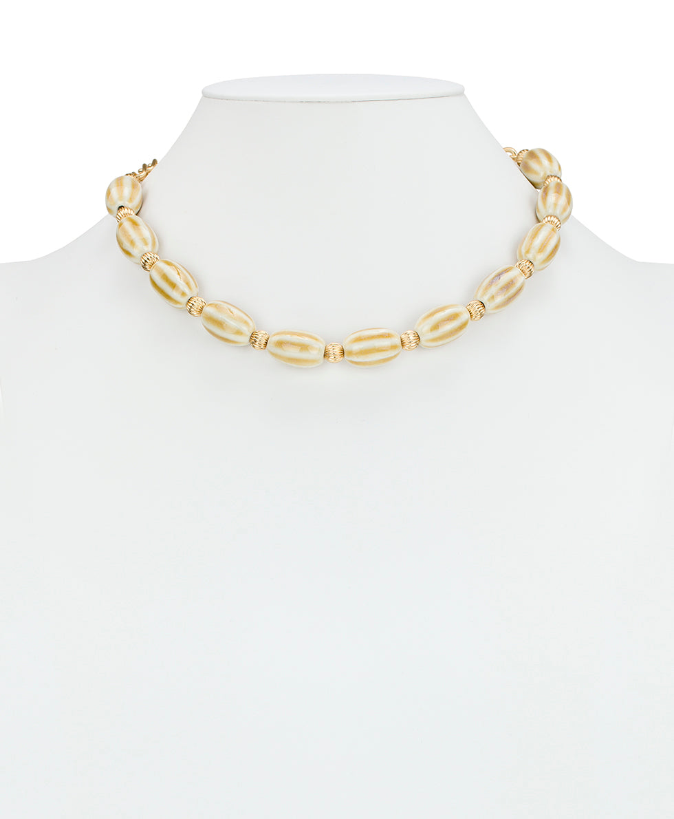 Female - White Textured Bead Short Necklace - Ceramic Bead - matte gold - by Patricia Nash - View 2 of 2