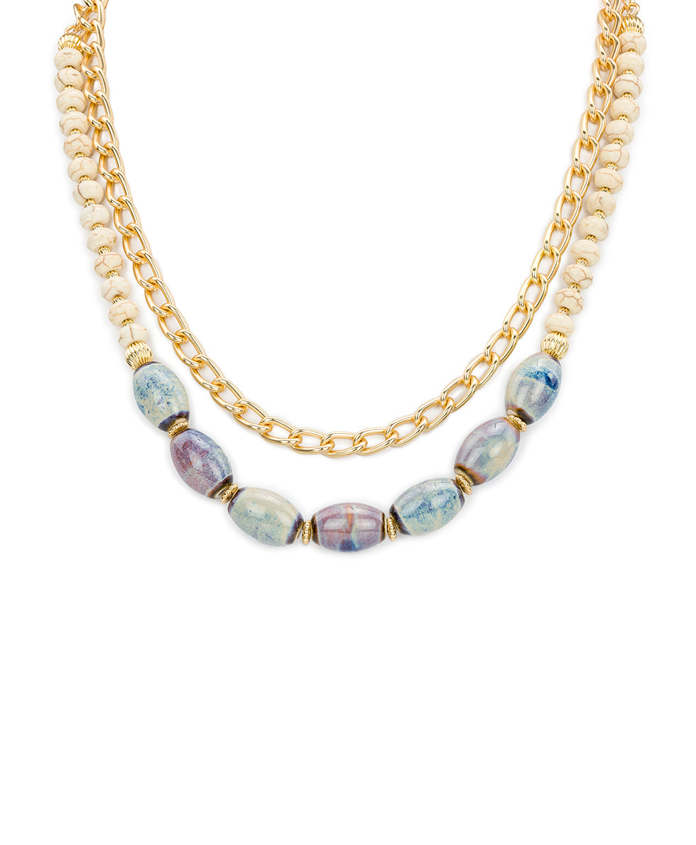 Female - Teal and White Double Strand Short Necklace - Ceramic Bead - matte gold - by Patricia Nash - View 1 of 7