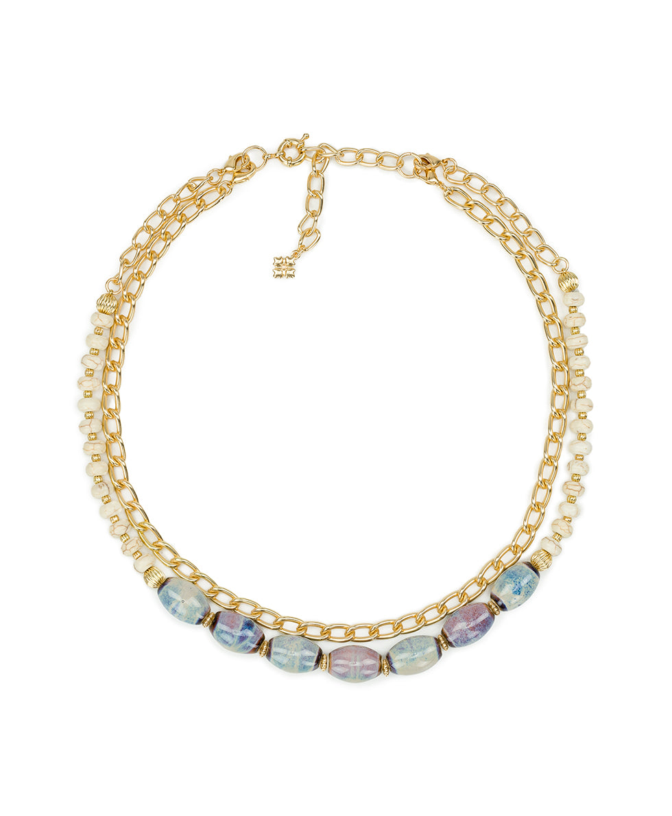 Female - Teal and White Double Strand Short Necklace - Ceramic Bead - matte gold - by Patricia Nash - View 2 of 7