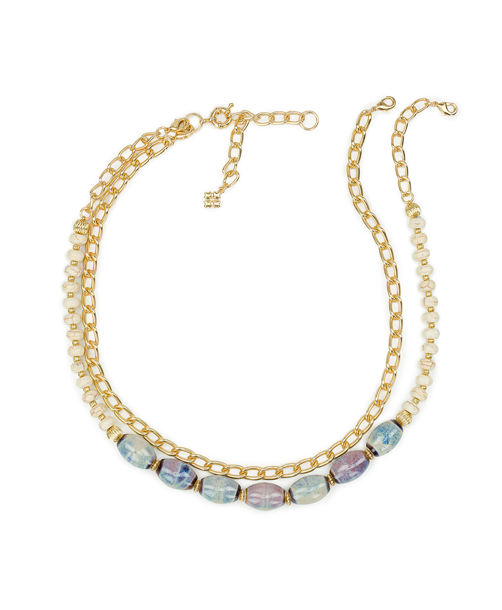 Female - Teal and White Double Strand Short Necklace - Ceramic Bead - matte gold - by Patricia Nash - View 3 of 7