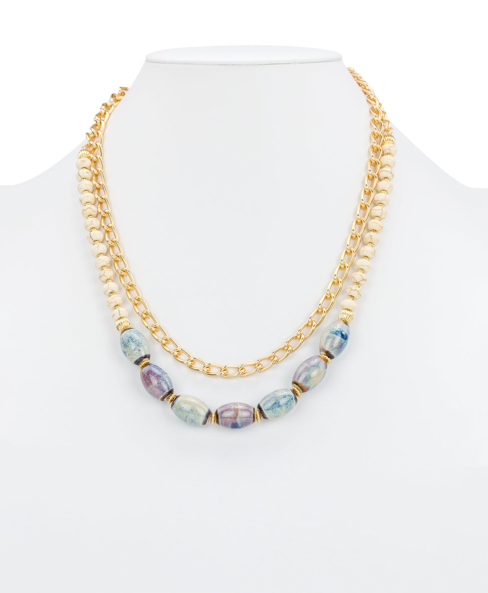 Female - Teal and White Double Strand Short Necklace - Ceramic Bead - matte gold - by Patricia Nash - View 4 of 7