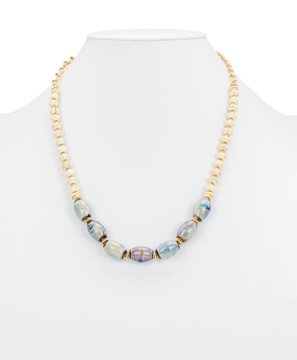 Female - Teal and White Double Strand Short Necklace - Ceramic Bead - matte gold - by Patricia Nash - View 5 of 7